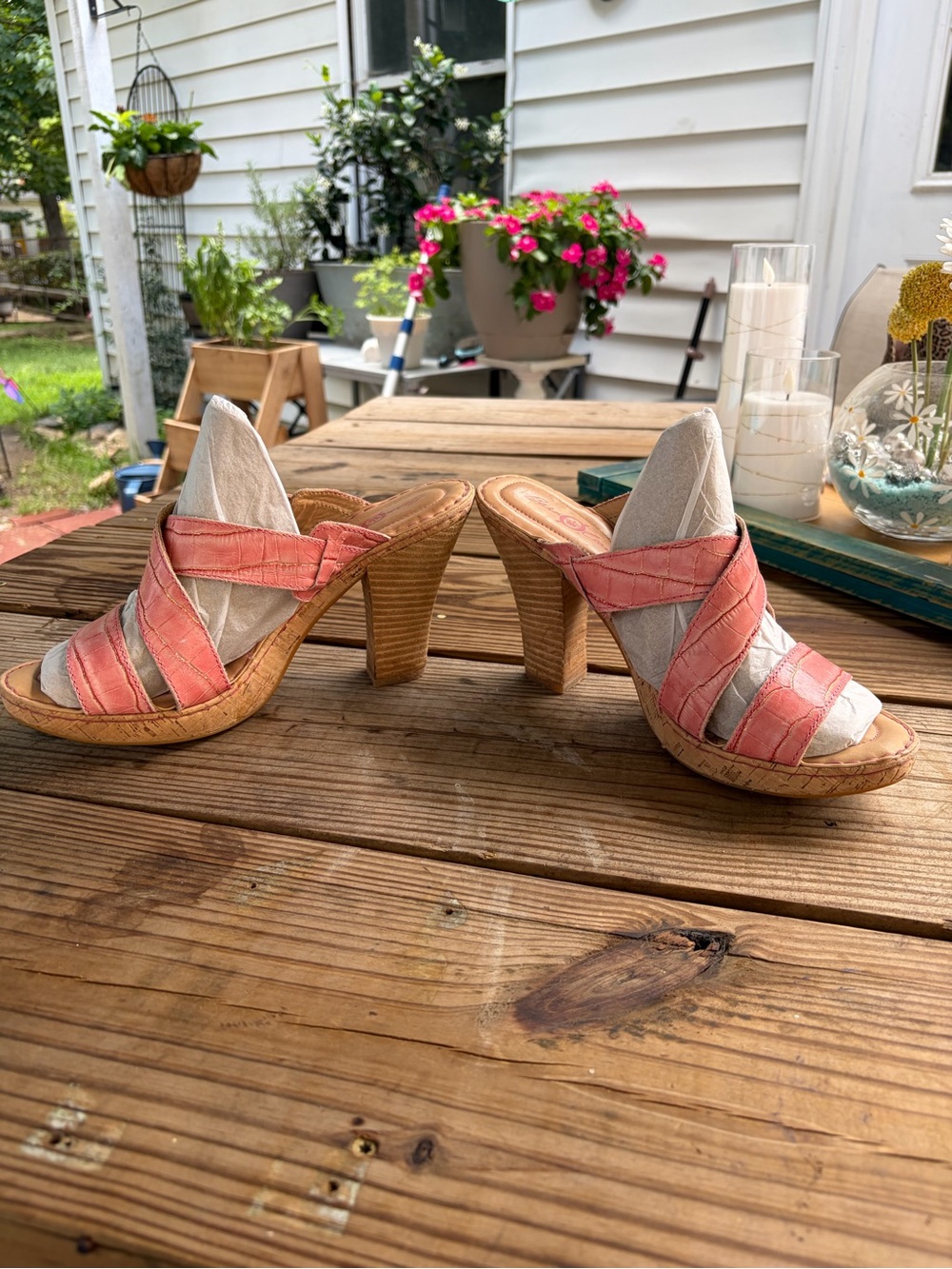 Born Coral and Cream Leather Cork-Stack Heel Mules - Picture 3 of 7